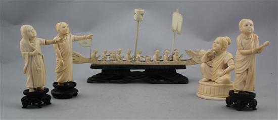 A Chinese ivory model of a dragon boat and four Indian ivory figures of ladies, early 20th century, 10.5cm. - 28cm.